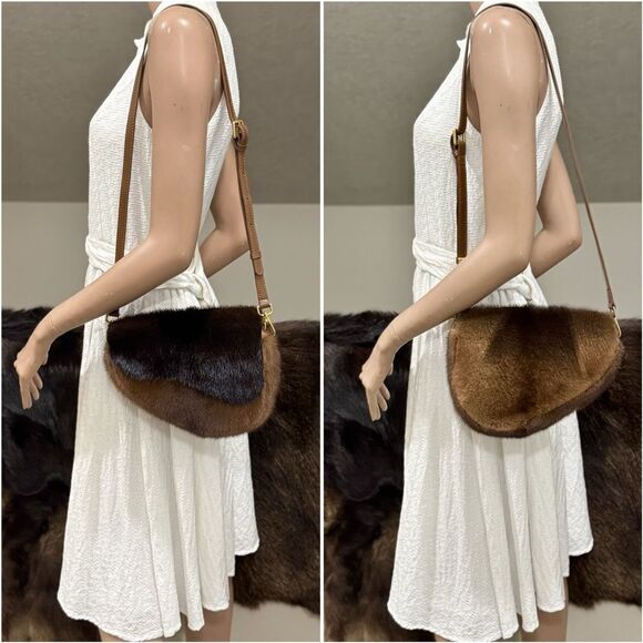 Brown Real Mink Fur Handmade Asymmetric Saddle Bag/Bumbag/Crossbody & 2 Straps - Picture 5 of 16